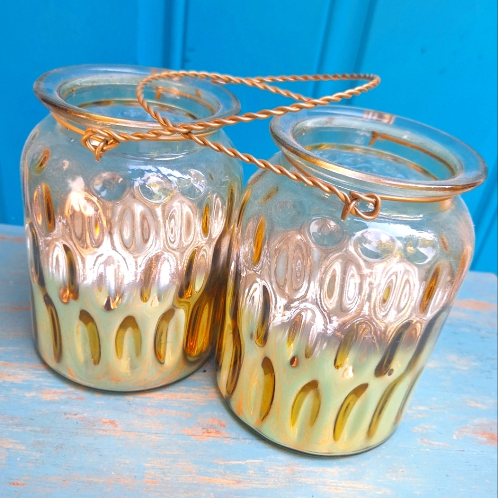 Gold Mercury Glass Hanging Candle Holders Bright Gold Rippled Glass is silver in